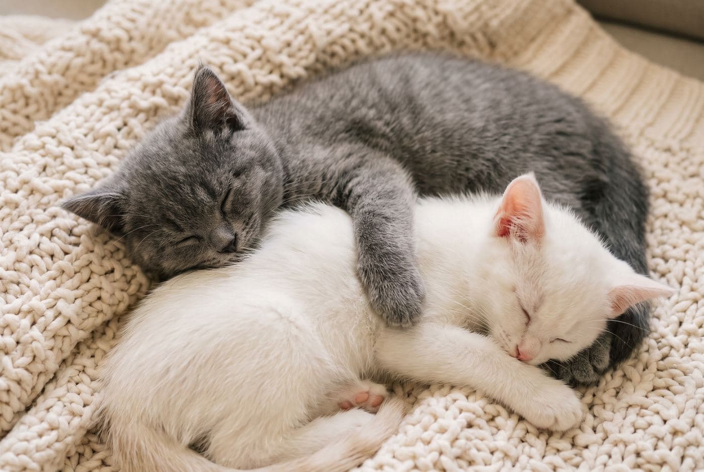 A grey kitten asleep with its paw around a white kitten on a knit blanket