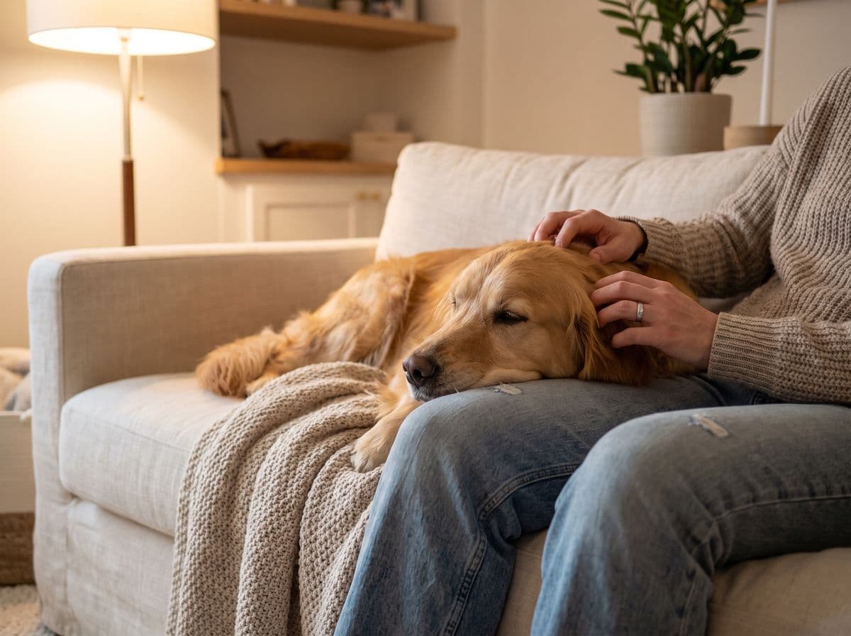 A golden retriever lying across a lap on a cream sofa, hands resting on its back