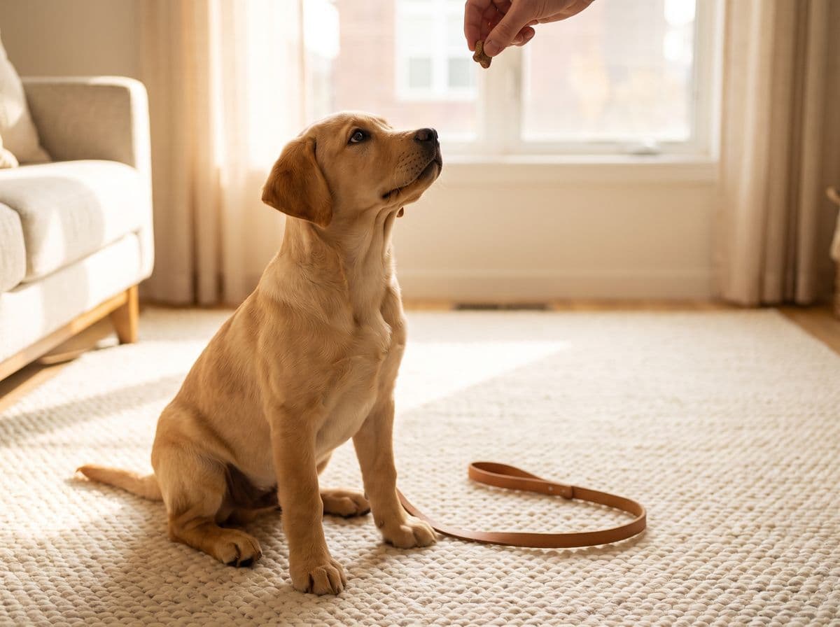 A yellow Labrador puppy sitting on a rug, eyes fixed on a treat held above it