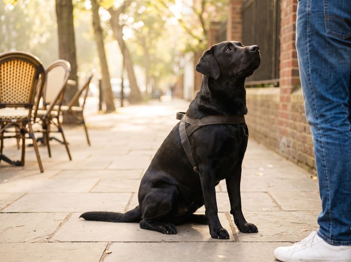 A black Labrador in a plain working harness sitting on a sunny sidewalk, looking up at its handler