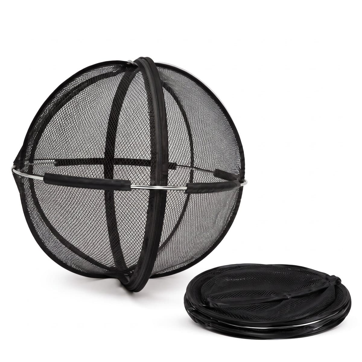 The mesh ball open, and the same ball folded flat into a circle beside it