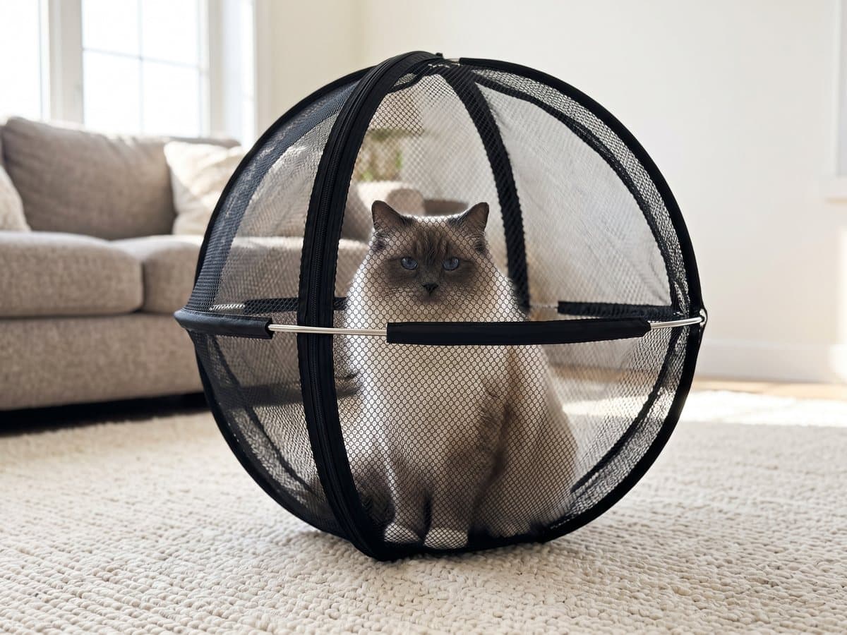 A ragdoll cat inside the mesh ball on a living room rug