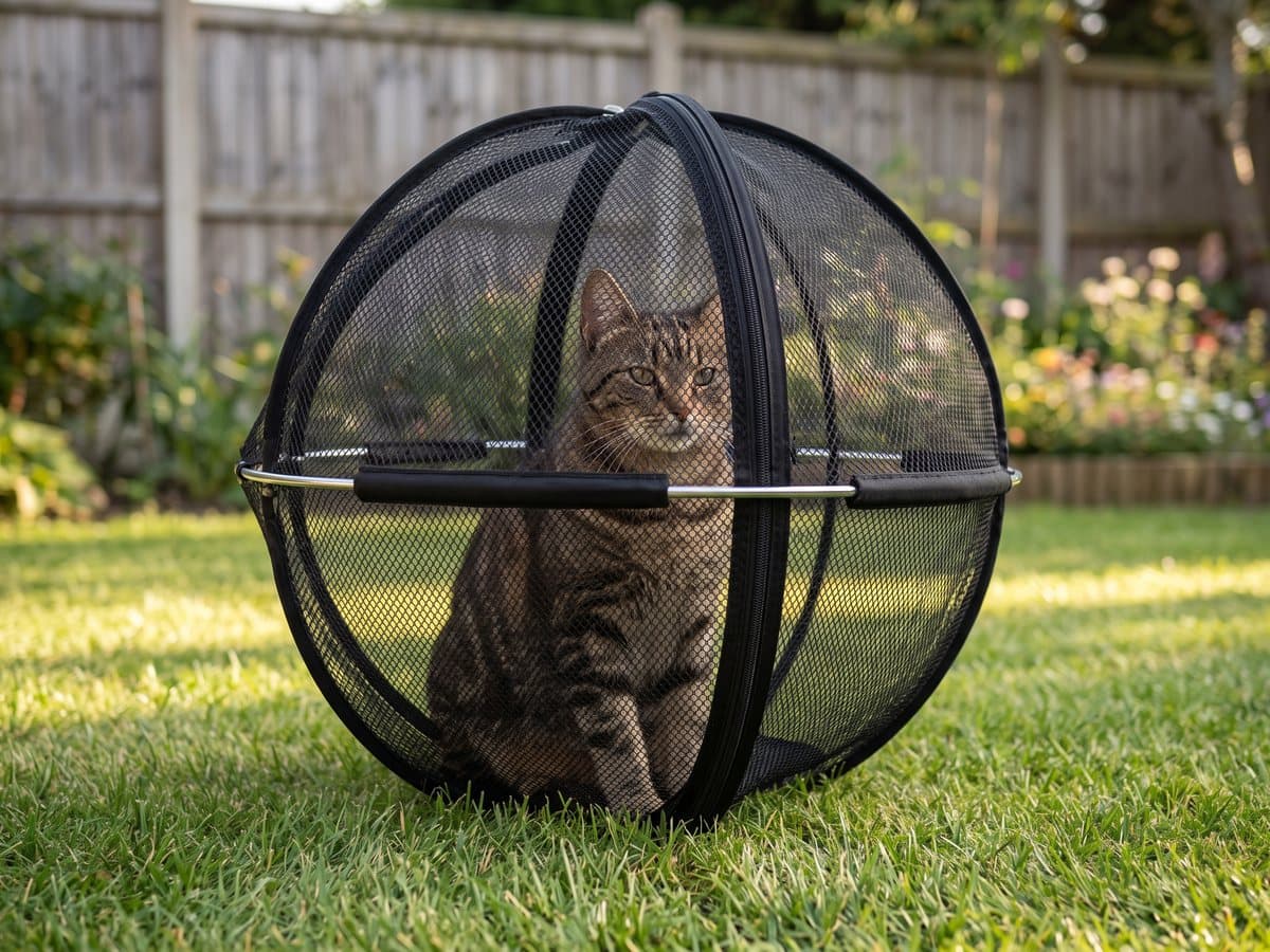 A tabby cat sitting inside the black mesh ball on a garden lawn