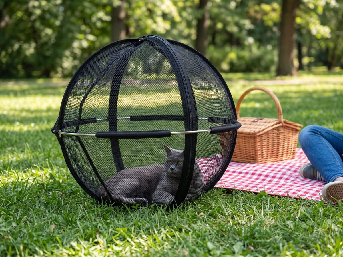 A cat inside the mesh ball beside a picnic blanket