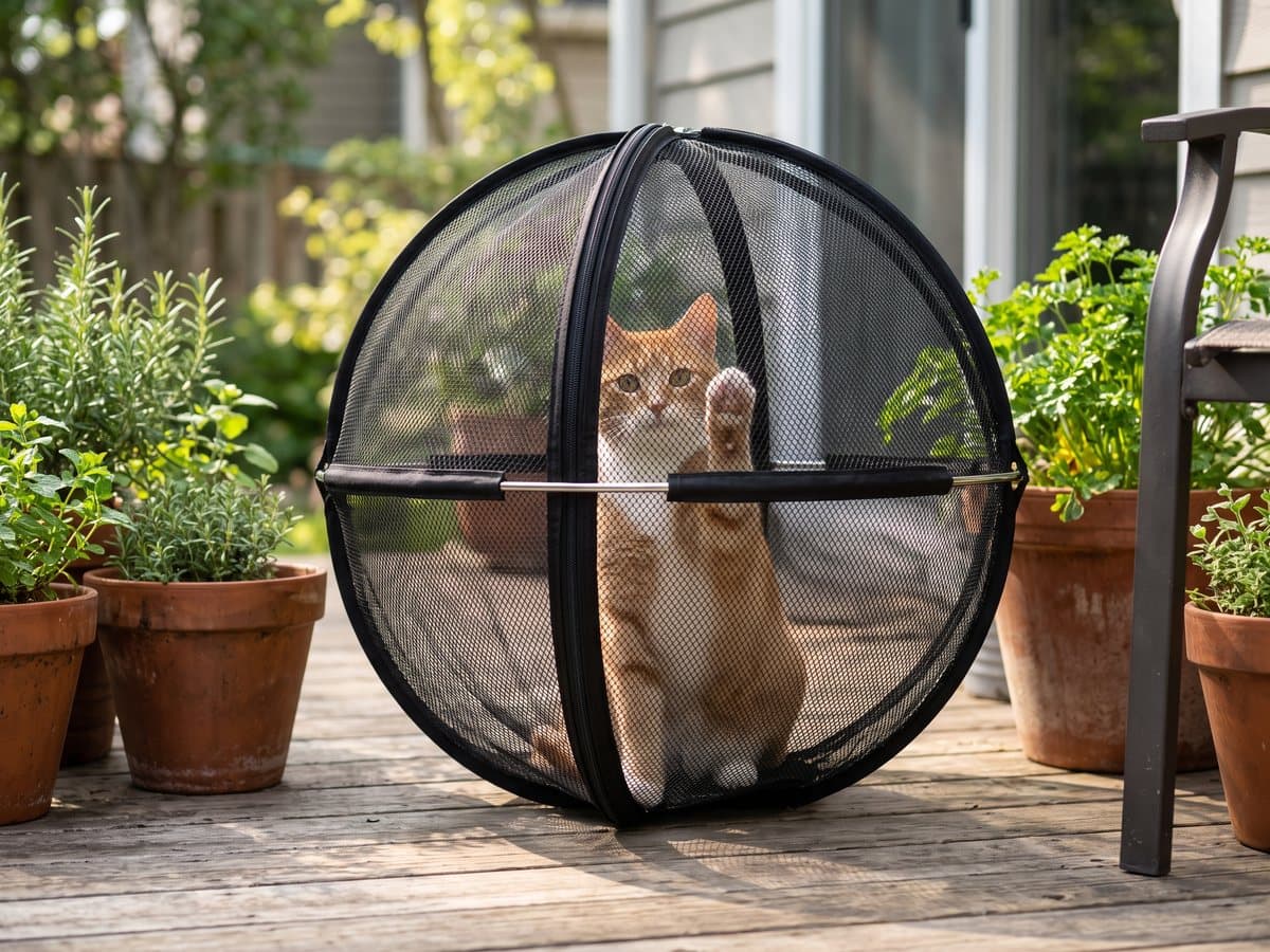 A cat inside the mesh ball on a wooden deck
