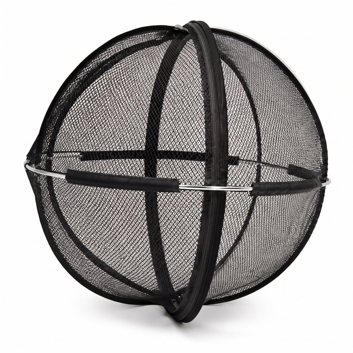 The mesh ball on its own: mesh panels, a zipper down one rib and a steel ring round the middle