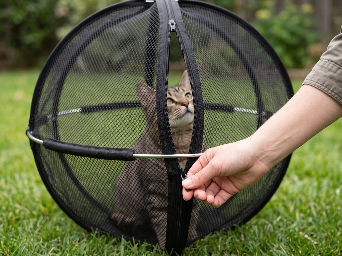 A hand pulling the zipper on the side of the mesh ball, a cat looking out