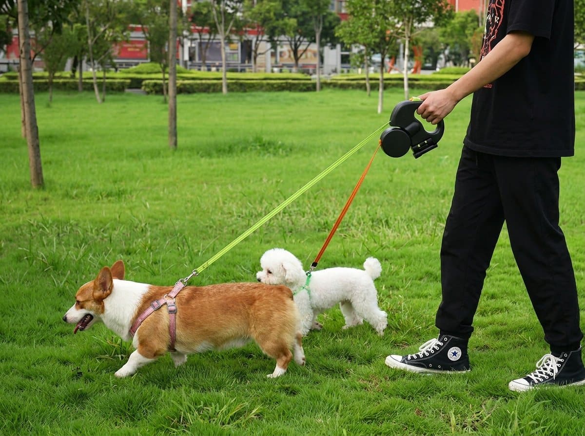 Two small dogs walking on the double leash in a park, one handle in one hand