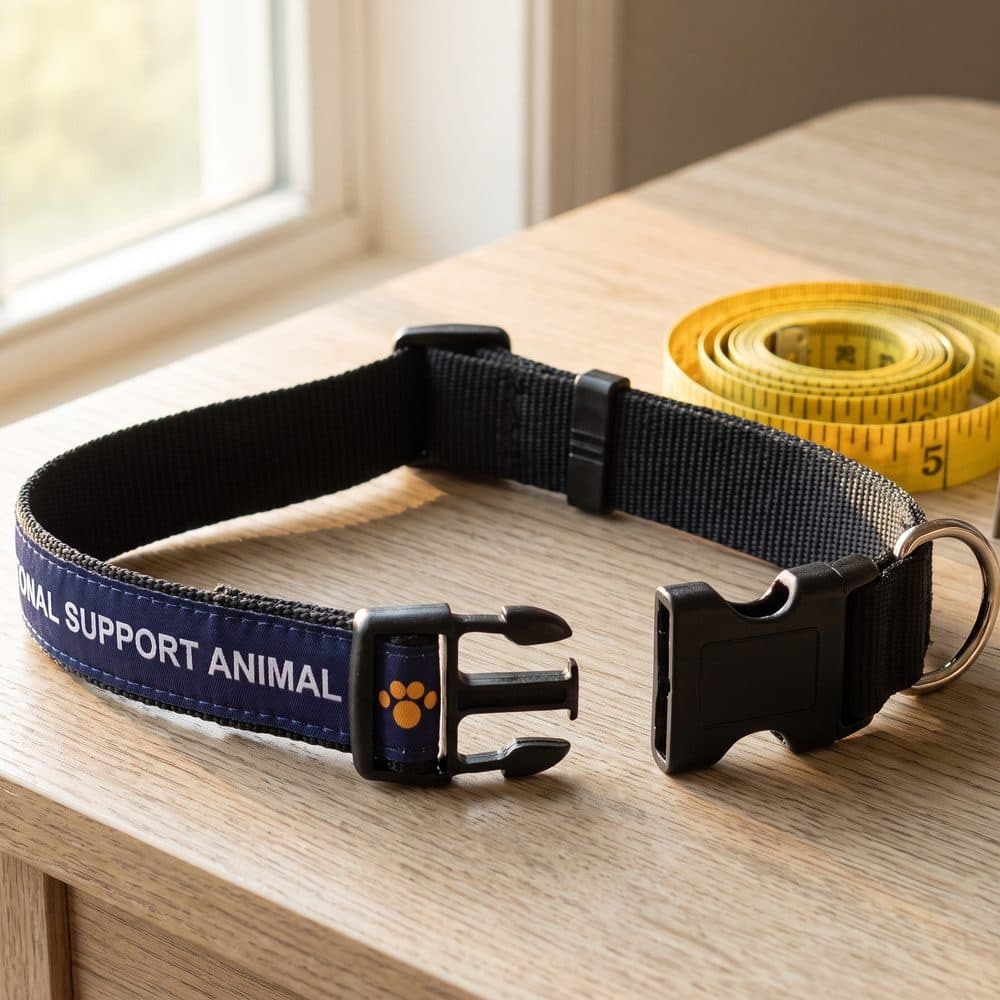 The collar unclipped on a table: the lettered navy face, the open clip buckle, the slide and the metal D-ring