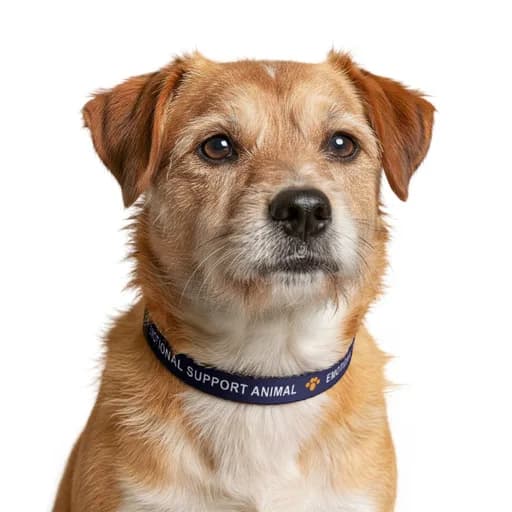 A dog wearing the navy EMOTIONAL SUPPORT ANIMAL collar, on white