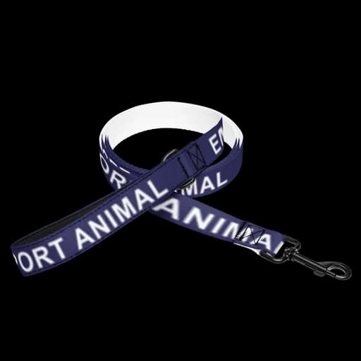 The navy leash coiled, EMOTIONAL SUPPORT ANIMAL printed along it, with its snap hook