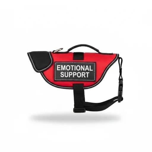 The red ESA vest on its own: the patch on the side, the handle and the steel ring on top