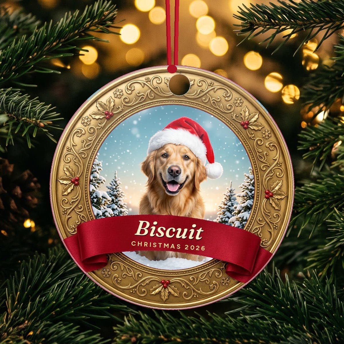 A snow globe pet ornament with a golden retriever in a Santa hat, hanging on a lit Christmas tree