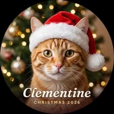 A by the tree ornament with a tabby cat in a Santa hat