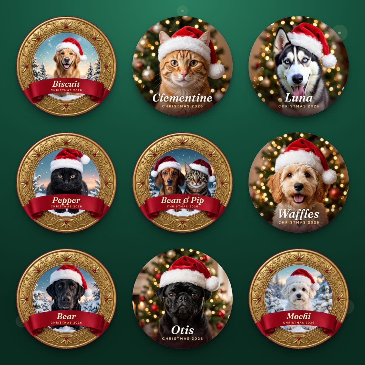 Nine pet ornaments, each with a different dog or cat in a Santa hat